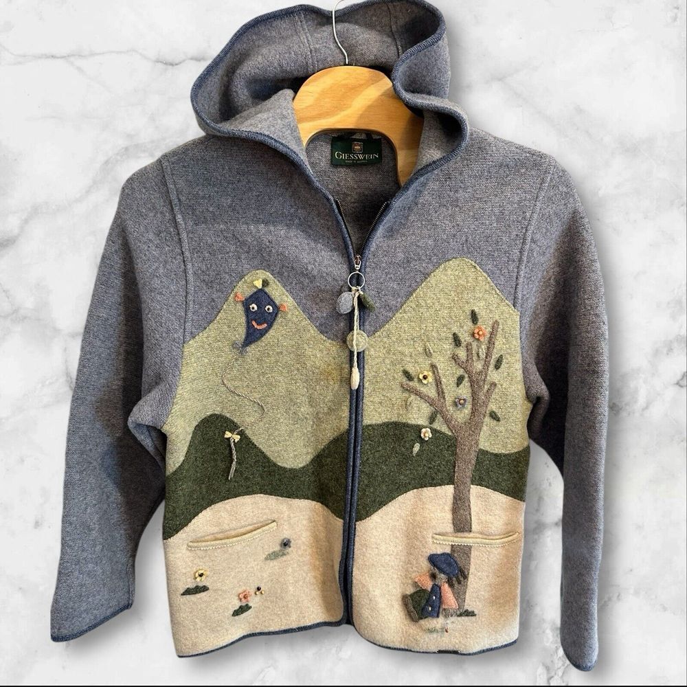 GIESSWEIN~WOOL Austria EMBROIDERED Jacket SWEATER Sz 12 Kite Tree